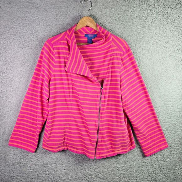 Twiggy London Pink Orange Striped Moto Jacket 3X Deep Pockets Asymmetric Zipper - Picture 10 of 16